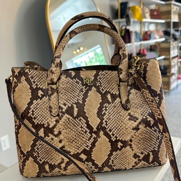 Ralph Lauren NWTs Leather Marcy satchel purse bag $375 brown beige - Picture 2 of 12